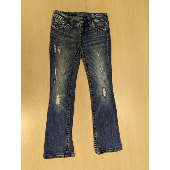 Miss Me Jeans Blue Signature Boot Embellished Bling Pocket Thick Stitch 26 - Picture 1 of 8
